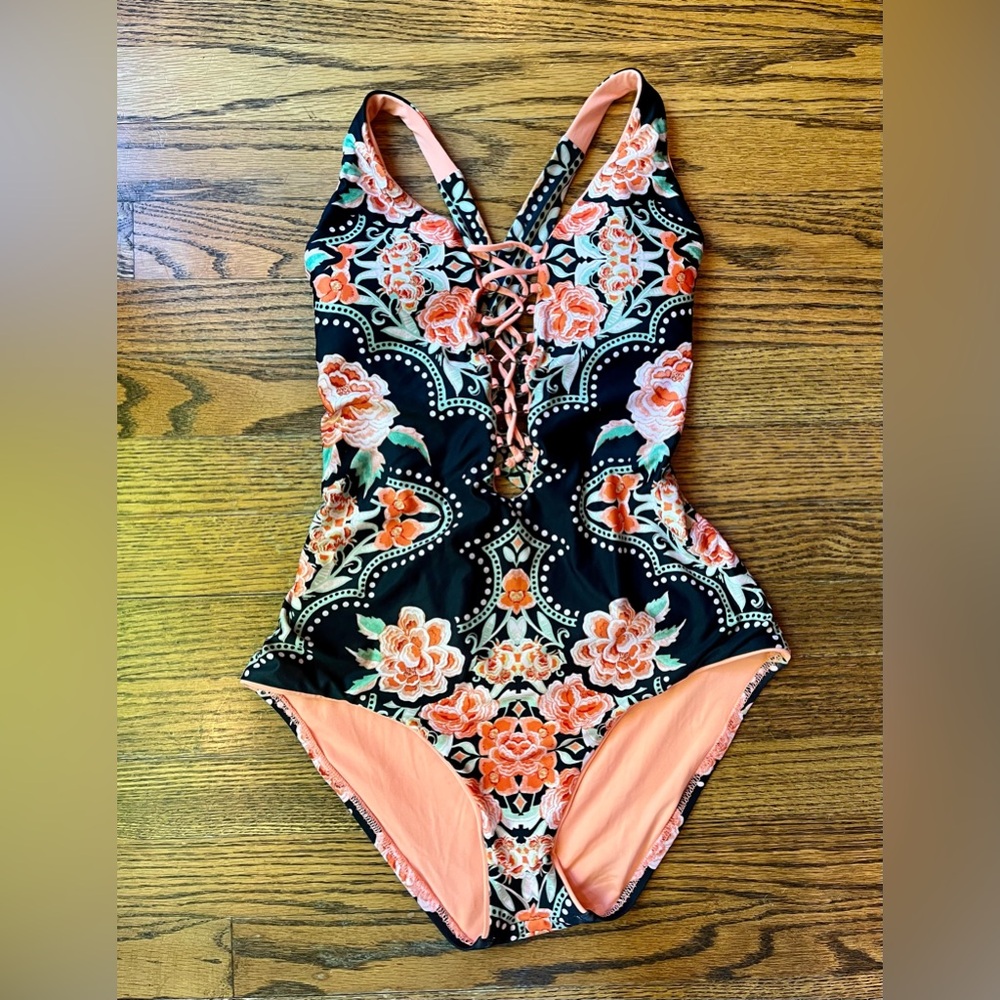 Becca Plunge One Piece Swimsuit Black with Coral Floral Medium